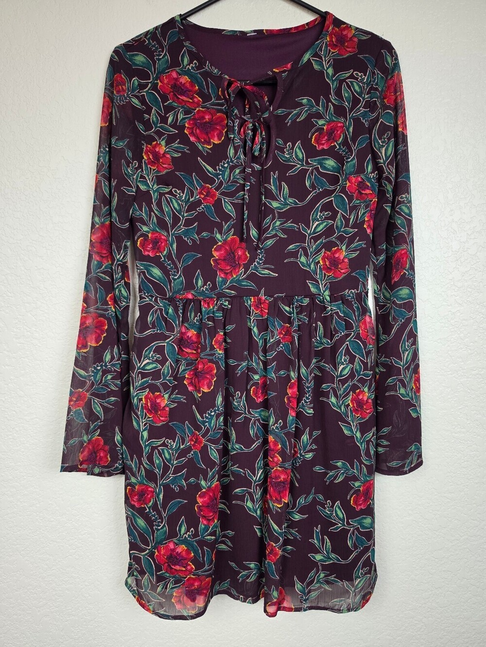 Floral Long Sleeve Tie Neck Whimsigoth Mini Dress